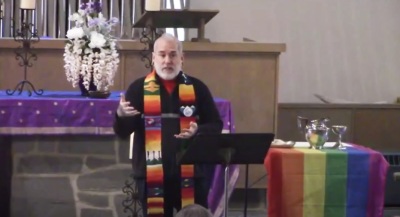 Pastor Jess Peacock of the Community Church of Chesterland, Ohio, a United Church of Christ congregation, speaking during a March 2024 worship service. 