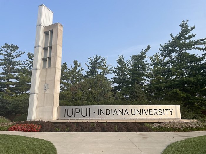 The entrance sign sits on the campus of Indiana University–Purdue University Indianapolis in July 2023. 