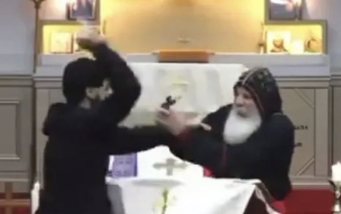 Bishop Mar Mari Emmanuel is stabbed by a black-clad assailant while delivering a sermon at Christ the Good Shepherd Assyrian Orthodox Church outside Sydney, Australia.
