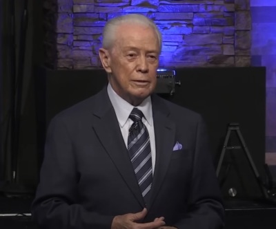 Televangelist Jerry Savelle preaching a sermon in April 2024. 
