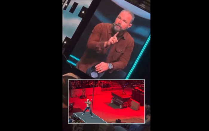 Mark Driscoll rebukes a performance by sword swallower Alex Magala at the James River Church Stronger Men's Conference held April 11 - 12, 2024.