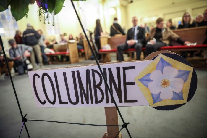 Signage for Columbine High School during a 25th Year Remembrance ceremony on April 19, 2024 at First Baptist Church of Denver in Denver, Colorado. Twelve students and one teacher were shot and killed and many more injured on April 20, 1999 at Columbine High School in Littleton, Colorado in a school shooting that shocked the country at the time. 