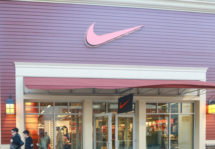 New Jersey, USA, January 1, 2019: Nike store front in shopping mall. Nike is an American multinational corporation that design, manufacturing, marketing and sales athletic shoes and apparel.