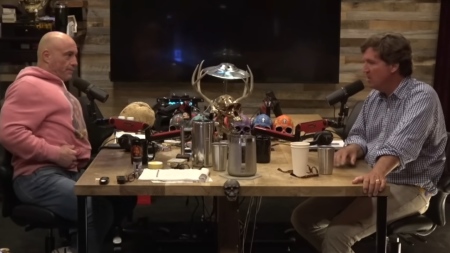 Podcaster Joe Rogan and conservative political commentator Tucker Carlson spoke for more than three hours about hot-button issues during an episode of the "Joe Rogan Experience" podcast that aired on April 19, 2024.