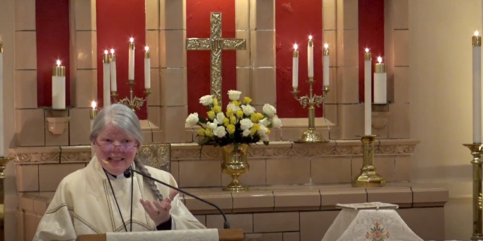 The Rev. Rachel Taber-Hamilton, vice president of The Episcopal Church House of Deputies, seen giving remarks at a funeral service on March 31, 2023. 