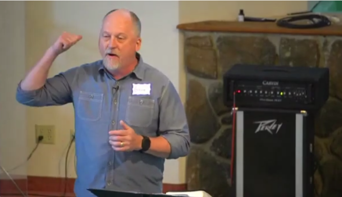 Pastor Gene Jacobs speaks at Real Life Newport church in Newport, Washington, on July 9, 2023. 