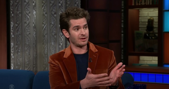 Actor Andrew Garfield talking with Stephen Colbert on a 2021 episode of 'The Late Show with Stephen Colbert.'