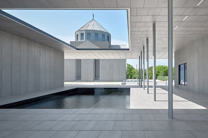 Entry courtyard of Saint Sarkis Armenian Church and Community Center, completed in 2022, in the north Dallas suburb of Carrollton Texas.