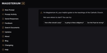 The website for Magisterium AI, a chatbot aimed at providing information about the Roman Catholic Church and its teachings, accessed Thursday, April 25, 2024.
