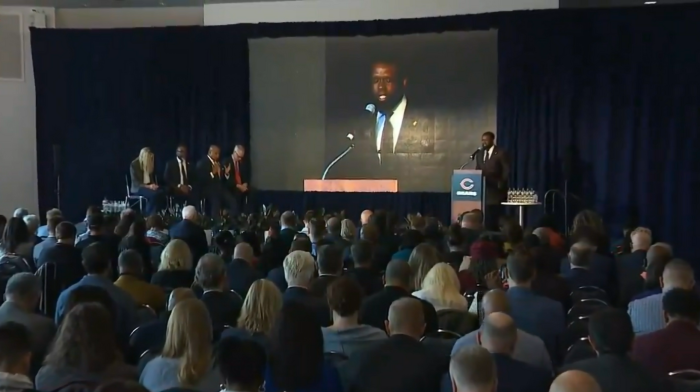 Pastor Charlie Dates of Salem Baptist Church of Chicago prays at the start of a press conference for the Chicago Bears' announcement of plans for a new multi-billion dollar stadium on the Chicago lakefront on April 24, 2024. 