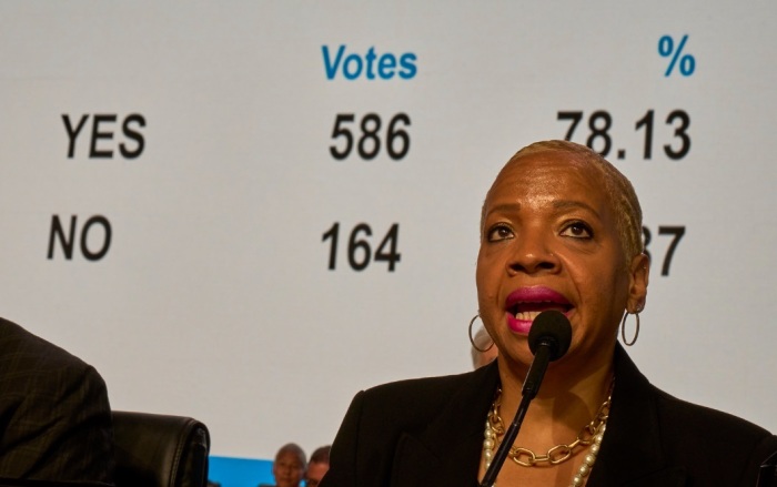 United Methodist Church Bishop Tracy Malone surveys the results of a delegate vote in favor of a regionalization plan held at the General Conference in Charlotte, North Carolina, on Thursday, April 25, 2024. The amendment will go before annual conference voters for potential ratification.