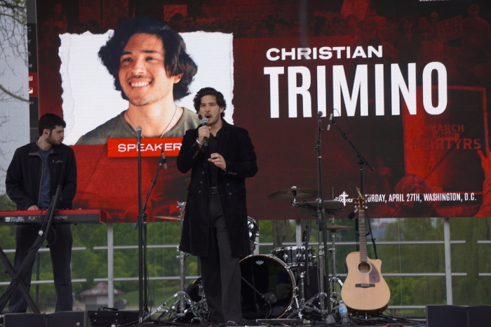 Christian Trimino speaks at the fourth annual March for Martyrs event held in Washington, D.C., on April 27, 2024.