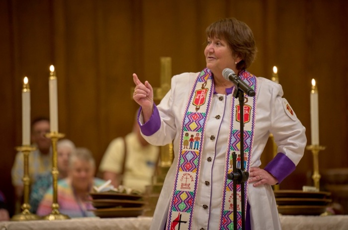 United Methodist Church Bishop Karen Oliveto preaches a sermon at First United Methodist Church of Charlotte, North Carolina, on April 28, 2024, during the UMC General Conference. Oliveto's election was ruled invalid by the United Methodist Judicial Council in 2017 due to her being in a same-sex marriage, however, she has remained a bishop of the UMC Mountain Sky Episcopal Area. 