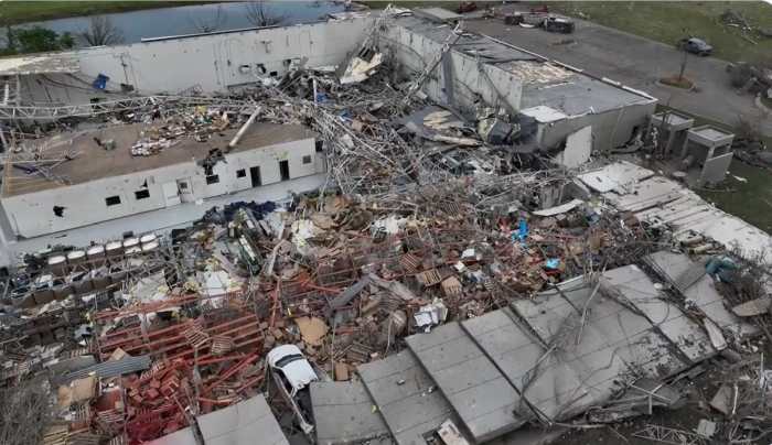 An aerial view of Garner Industries' tornado-ravaged industrial building in Lincoln,Neb.