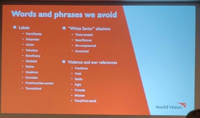 This image of a slide shown during a workshop at the 2024 Evangelical Press Association's annual convention includes several words and phrases World Vision avoids, including 'save/rescue,' 'victim,' 'converted,' and 'mission.'