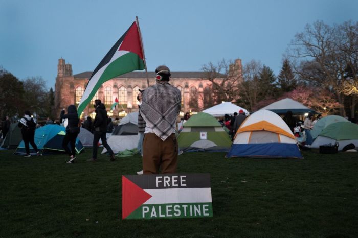 People rally on the campus of Northwestern University to show support for residents of Gaza on April 25, 2024 in Evanston, Illinois. The rally is among many roiling university campuses across the country in response to the ongoing war in Gaza. 