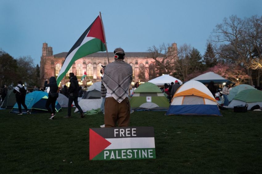 People rally on the campus of Northwestern University to show support for residents of Gaza on April 25, 2024 in Evanston, Illinois. The rally is among many roiling university campuses across the country in response to the ongoing war in Gaza.
