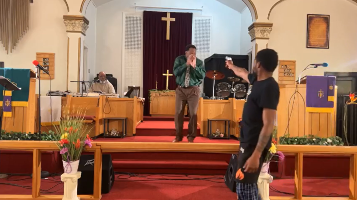Bernard J. Polite, 26 (holding gun), entered the Jesus’ Dwelling Place Church in North Braddock just after 1 p.m. on May 5, 2024, and attempted to shoot the Rev. Glenn Germany, who was standing near the pulpit.
