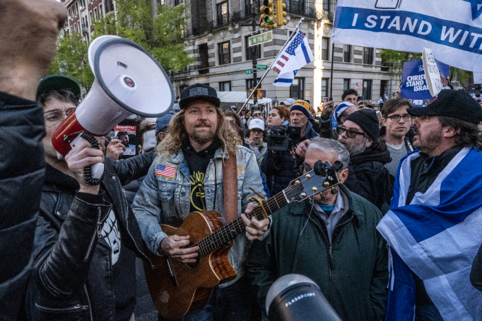 Israel supporters, including Sean Feucht (C), participate in the United for Israel march outside of Columbia University on April 25, 2024 in New York City. 