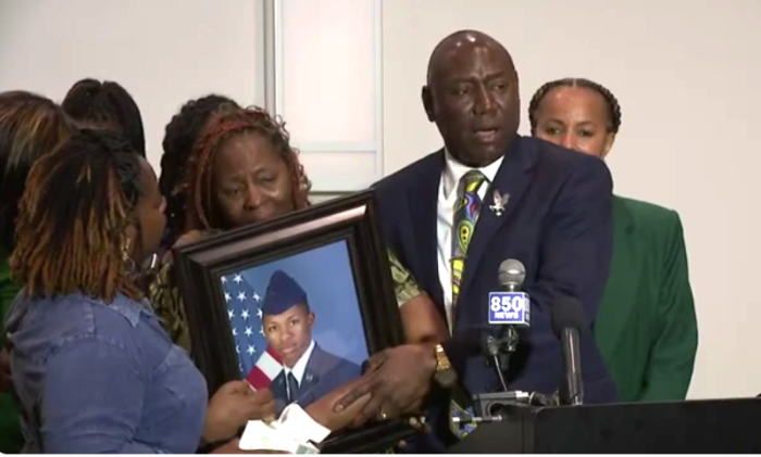 Attorney Ben Crump hold press conference about an officer-involved shooting that killed 23-year-old Air Force Airman Roger Fortson in Okaloosa County, Florida