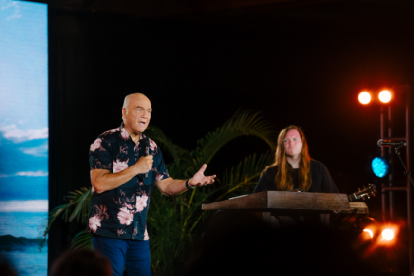 Pastor Greg Laurie speaks at a "Hope for Lahaina" event in wildfire-ravaged Hawaii on April 28, 2024. The church services, which took place at the Ritz Carlton in Maui County, drew about 3,000 people. 