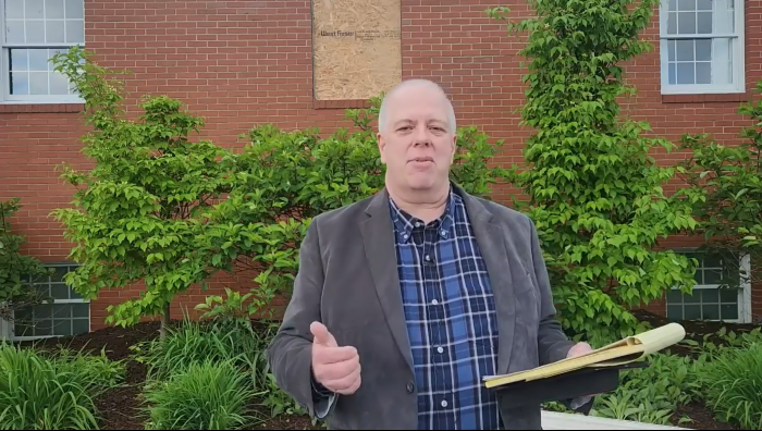 The Rev. Ken Barner of Crossroads Ministries in Finleyville, Pennsylvania., addresses his congregation via Facebook Live on Sunday, May 12, 2024.