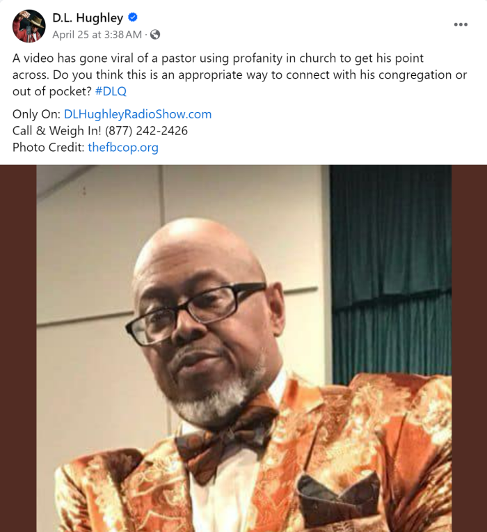 Thaddeus Matthews (pictured), pastor of Naked Truth Liberation and Empowerment Ministries in Memphis, Tenn. says this post by comedian D.L. Hughley claiming he uses profanity in church is not true.