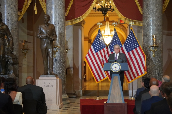 Franklin Graham, son of Billy Graham, speaks at the U.S. Capitol Building during the unveiling of a statue of his father, Billy Graham, on May 16, 2024.