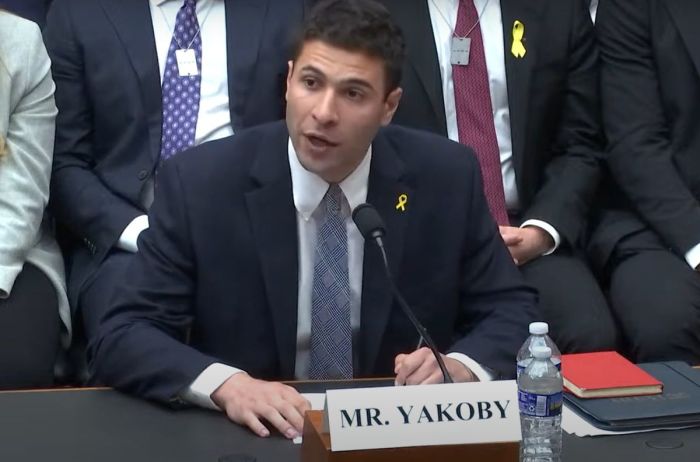 University of Pennsylvania student Eyal Yakoby speaks during a subcommittee hearing in Washington, D.C., on May 15, 2024 