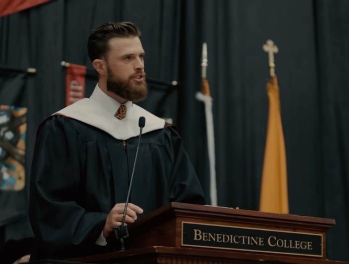 Kansas City Chiefs kicker Harrison Butker gives the commencement address at Benedictine College in Atchison, Kansas, May 11, 2024.