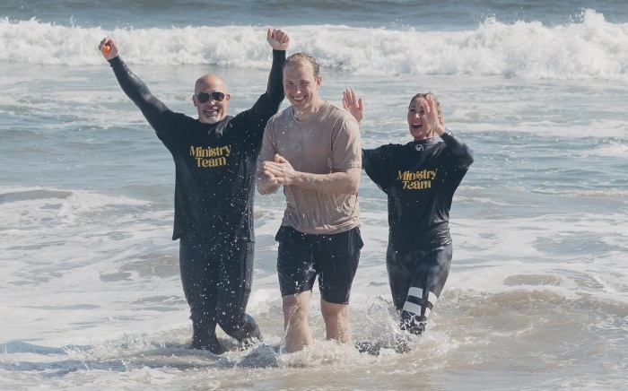 One of thousands of people who got baptized during Baptize California at Huntington Beach, Calif., on May 19, 2024.