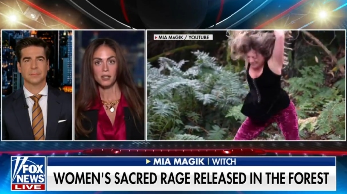 Fox News host Jesse Watters interview Mia Banducci, a witch whose 'rage ritual' involves women screaming in the woods while smacking the ground with sticks.