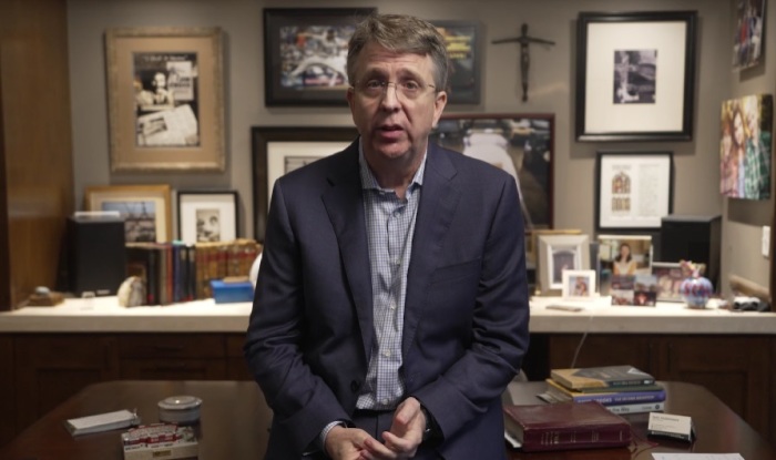 The Rev. Paul Rasmussen, senior minister at Highland Park United Methodist Church of Dallas, Texas, addresses his congregation in a May 2024 video. 