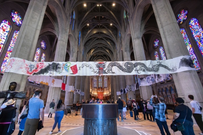 Grace Cathedral of San Francisco, California, of the Episcopal Diocese of California, put on display the tapestry painting '2,000 Dragons' by Don Ed Hardy from April 27 to May 27, 2024. 