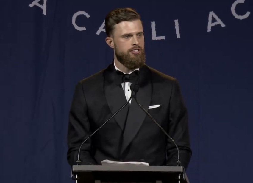 Kansas City Chiefs kicker Harrison Butker speaks during the Regina Coeli Academy gala event in Nashville, Tennessee, on May 24, 2024. 