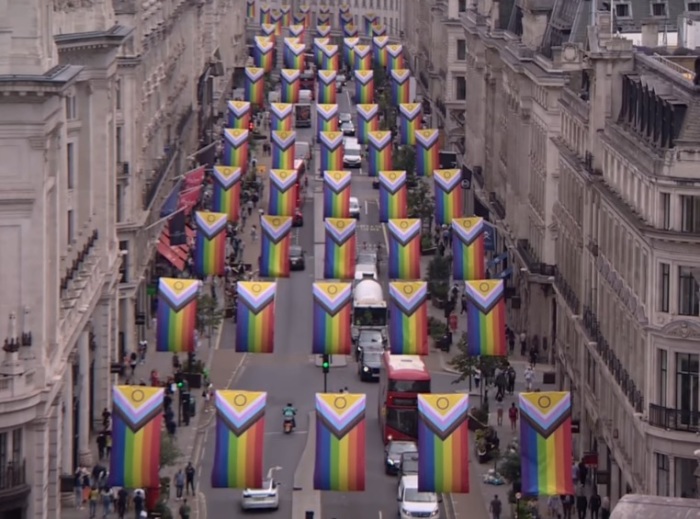 Progress Pride flags are displayed on Regent Street in London in 2023. 