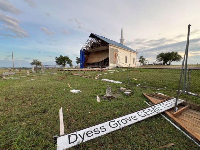 Dyess Grove Baptist Church in Temple, Texas, is seen in the aftermath of a tornado on May 22, 2024. 