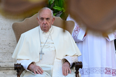 Pope Francis presides over the Corpus Christi ceremony outside Saint Mary Major basilica after a procession arrived from Saint John in Lateran basilica, on June 2, 2024 in Rome, Italy. 