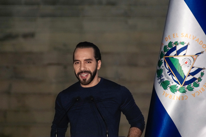 President of El Salvador Nayib Bukele speaks during the inauguration of a new Vijosa Laboratories plant on November 20, 2023, in La Libertad, El Salvador. 