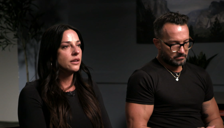 Former Hillsong NYC pastor Carl Lentz (R) and his wife, Laura (L), appear on ABC News' 