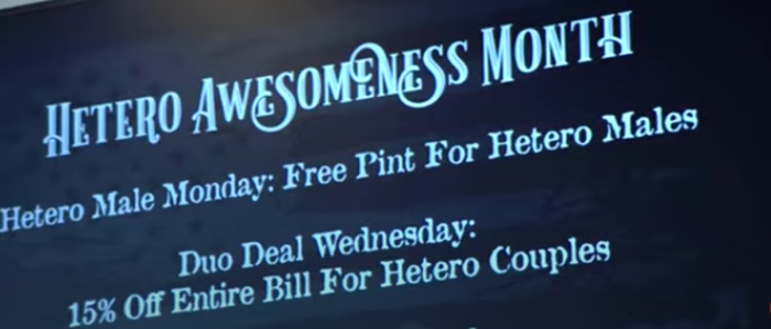 A sign at Old State Saloon in Eagle, Idaho, highlights the deals available as part of the establishment's 'Heterosexual Awesomeness Month.'