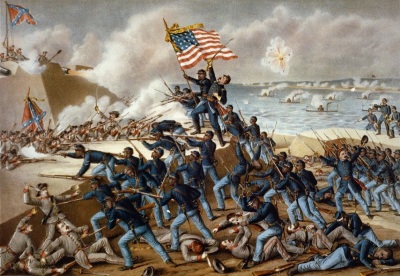 An 1890 depiction of the 1863 battle of Fort Wagner, in which the 54th Massachusetts attacked a Confederate stronghold in South Carolina during the American Civil War. 