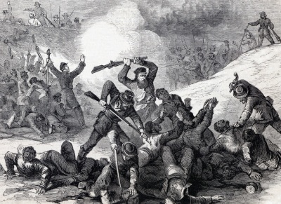 An 1894 depiction of the 1864 Fort Pillow massacre, a controversial incident during the American Civil War in which Confederates under Major Gen. Nathan Bedford Forrest massacred African American Union soldiers who were trying to surrender. 