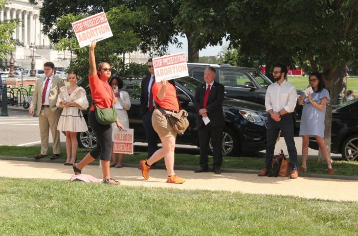 Pro-choice demonstrators protest Live Action's press conference in Washington, D.C., on June 12, 2024. 