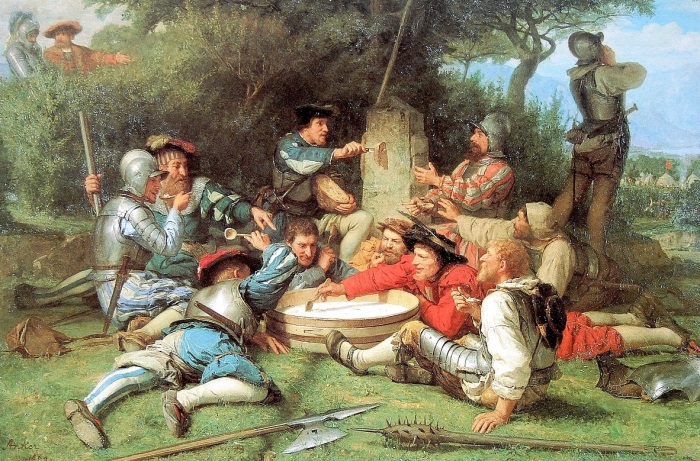 A 19th century depiction of when Catholic and Protestant soldiers in Switzerland shared a meal during the negotiations that led to the end of the First War of Kappel in 1529. War between the two Swiss religious groups would resume two years later. 