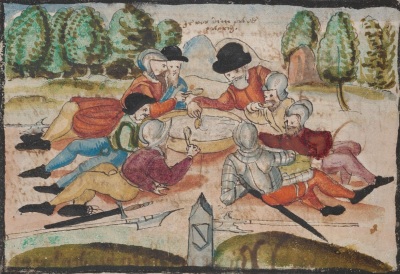 A 17th century depiction of Catholic and Protestant soldiers in Switzerland sharing a soup meal during the negotiations that ended the First War of Kappel in 1529. 