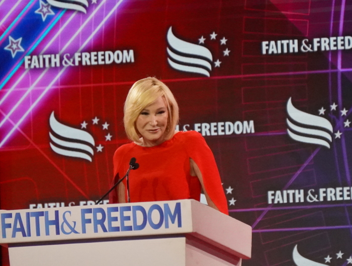 Pastor Paula White-Cain delivers an address at the Faith & Freedom Road to Majority conference at the Washington Hilton Hotel in Washington, D.C. on June 21, 2024.