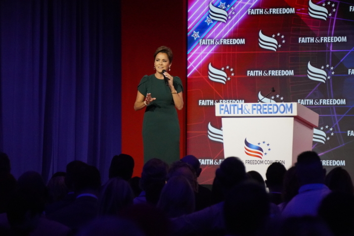 Republican Arizona Senate candidate Kari Lake delivers an address in front of an audience of hundreds at the Faith & Freedom Road to Majority conference at the Washington Hilton Hotel in Washington, D.C. on June 21, 2024.