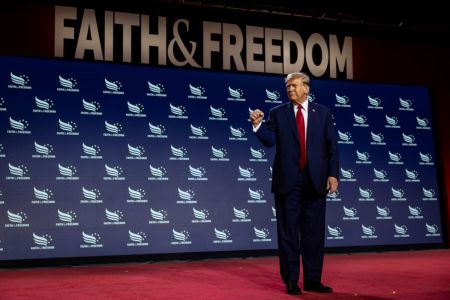 Former U.S. President Donald Trump walks off stage after speaking at the Faith & Freedom Coalition's Road to Majority Policy Conference at the Washington Hilton on June 22, 2024 in Washington, DC. The conservative Christian group is hosting a series of congressional members and political candidates to speak on the upcoming 2024 elections.