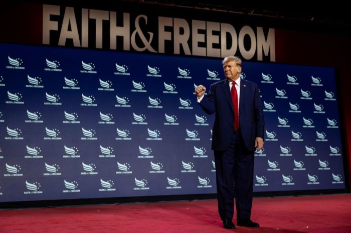 Former U.S. President Donald Trump walks off stage after speaking at the Faith & Freedom Coalition's Road to Majority Policy Conference at the Washington Hilton on June 22, 2024 in Washington, DC. The conservative Christian group is hosting a series of congressional members and political candidates to speak on the upcoming 2024 elections. 